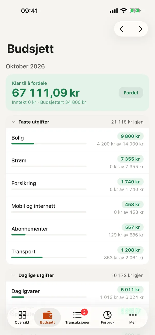 Budsjettet for oktober i Kronekompis: 67 111 kroner klar til å fordele og kategorier med det som er igjen