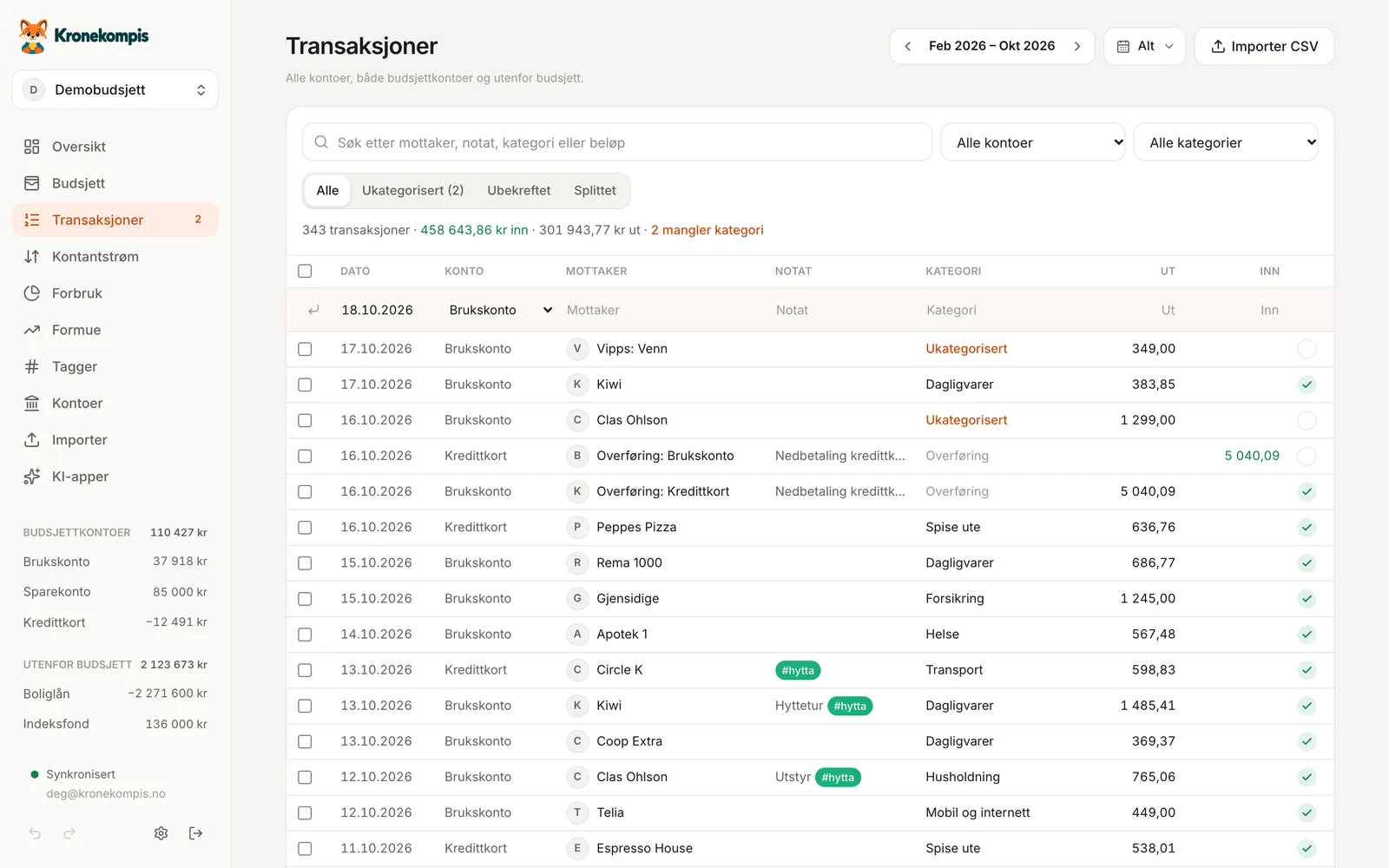 Transaksjonene på nett: en rad for ny transaksjon øverst, og transaksjonene med dato, konto, mottaker, notat, kategori og beløp